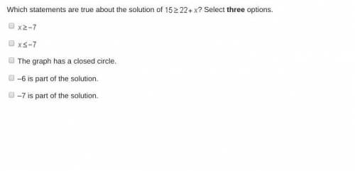 Which statements are true about the solution of 15 greater-than-or-equal-to 22 + x? Select three opt