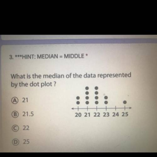 3. ***HINT: MEDIAN = MIDDLE* What is the median of the data represented by the dot plot ? There is a
