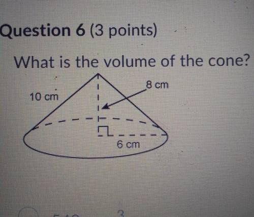 What is the volume of the cone?540πcm^3160πcm^3288πcm^396πcm^3please help