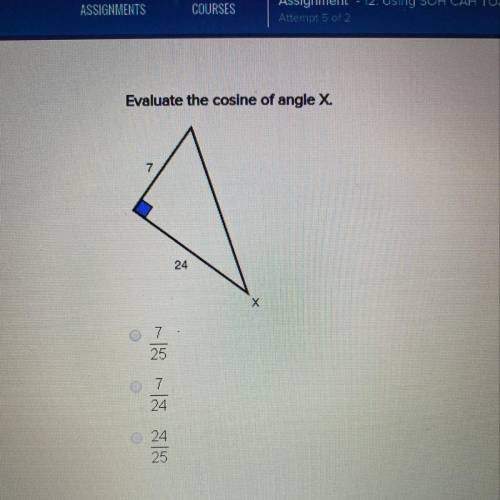 Evaluate the cosine of angle X.
