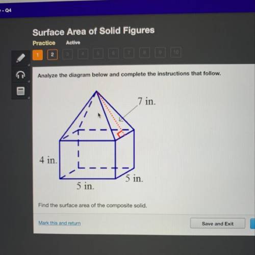 Find the surface area of the composite solid. A. 160in  B. 165in  C. 170in  D. 175in