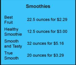 Cai is buying a fruit smoothie from the grocery store and wants the best deal, order the prices from