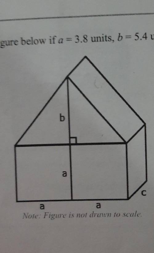 What is the volume of the figure below if a=3.8units, b=5.4units,and c=3units.