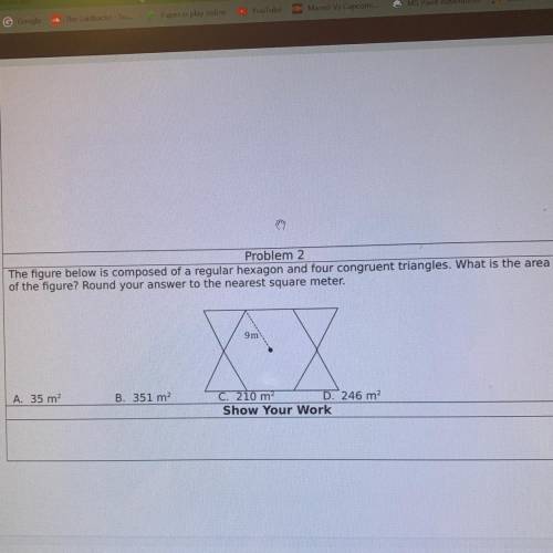 The figure below is composed of a regular hexagon and four congruent triangles. What is the area of