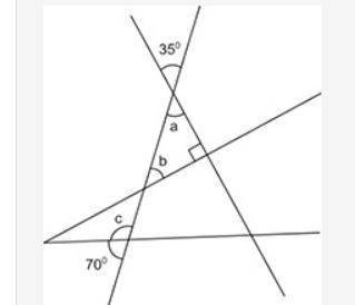Plz, help 20 points: What are the measures of Angles a, b, and c? Show your work and explain your an