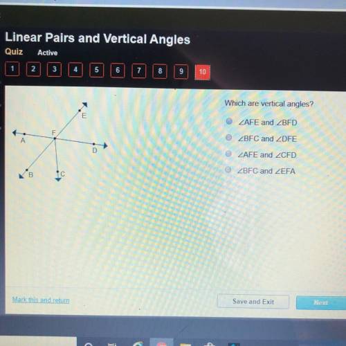 Which are vertical angles? ZAFE and ZBFD ZBFC and ZDFE ZAFE and ZCFD ZBFC and ZEFA
