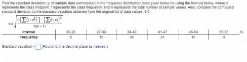 Find the standard deviation, s, of sample data summarized in the frequency distribution table given