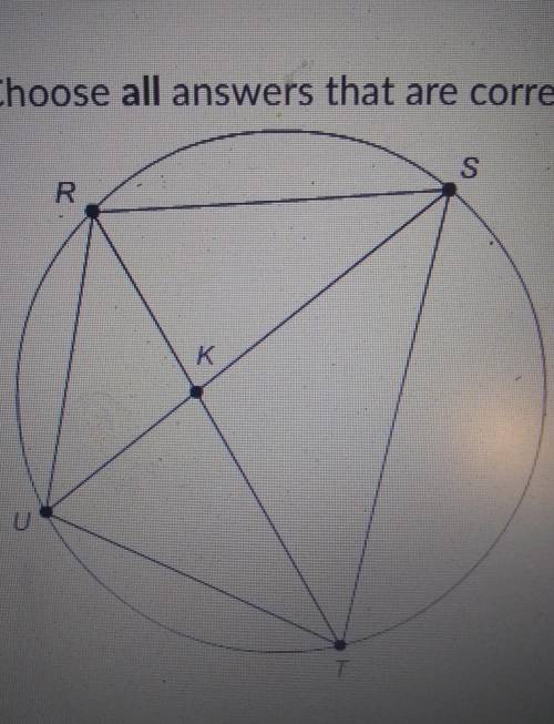 Which inscribed angles intercept arc RU?Choose all answers that are correct.<RUK<RSU<UKR<