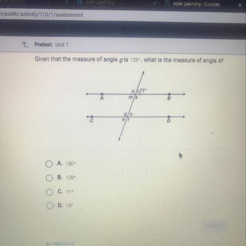 Given that the measure of angle g is 109, what is the measure of angle k?
