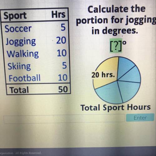Hrs Calculate the portion for jogging 51 in degrees. Sport Soccer Jogging Walking Skiing Football To