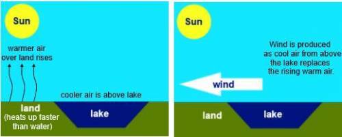 Wind blows from a lake toward the land during daytime hours, as shown in the diagram below.  Based o
