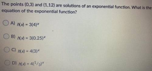The points (0,3) and (1,12) are solutions of an exponential function. What is the equation of the ex