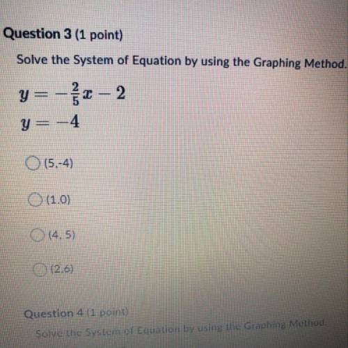 Question 3 (1 point) Solve the System of Equation by using the Graphing Method. ON -2 y=- y=-4 O (5.