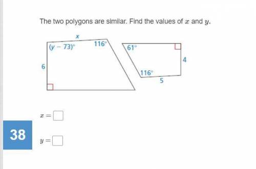 The two polygons are similar. Find the values of x and y