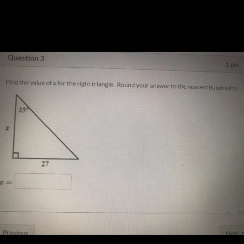 Find the value of x for the right triangle. Round your answer to the nearest hundredth