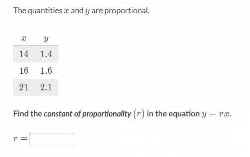 The quantities x and y are proportional. Find the constant of proportionality (r) in the equation y=
