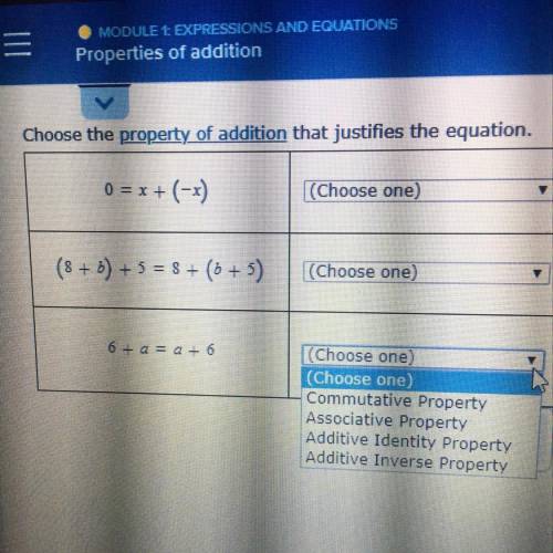 Choose the property of addition that justifies the equation. Commutative Property Associative Proper