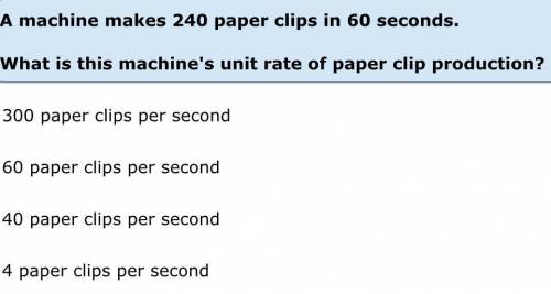 A machine makes 240 paper clips in 60 seconds. What is this machine’s unit rate of paper clip produc