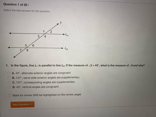 In the figure, line L1 is parallel to line L2. I’d the measure of <2 = 43°, what is the measure o