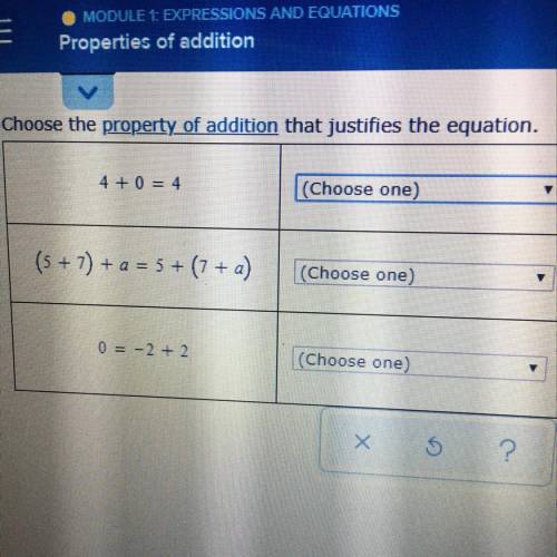 Properties of addition Choose the property of addition that justifies the equation. 4 + 0 = 4 (Choos