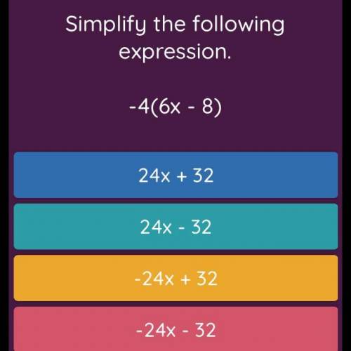 Simplify the following expression. -4(6x - 8)