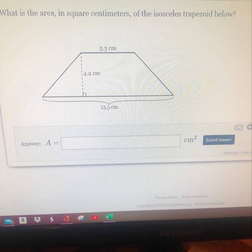 What is the area, in square centimeters, of the isosceles trapezoid below? 5-3 cm 4.2 cm 13.5 cm  A