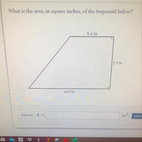 What is the area, in square inches, of the trapezoid below? 6.2 in 17.7 in 12.6 in