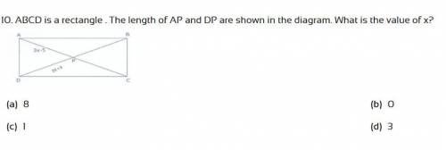 ABCD is a rectangle. The length of AP and DP are shown in the diagram. What is the value of x?