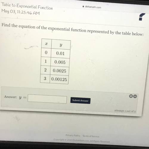 Find the equation of the exponential function represented by the table below: 2 y 0.01 0.005 2 0.002
