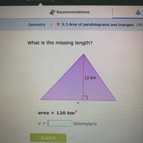 What is the missing length? 12km. area = 120 km ^3 v = _____ kilometers