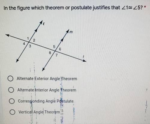 In the figure which theorem or postuate Justifies that angle 1 is congruent to angle 5?