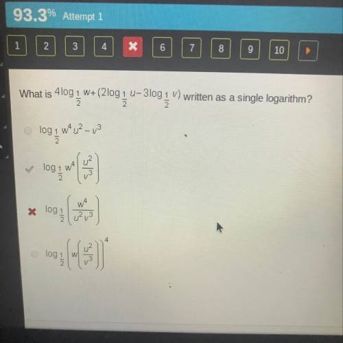 What is 4log1/2w+(2log1/2 u-3log1/2 v) written as a single logarithm?