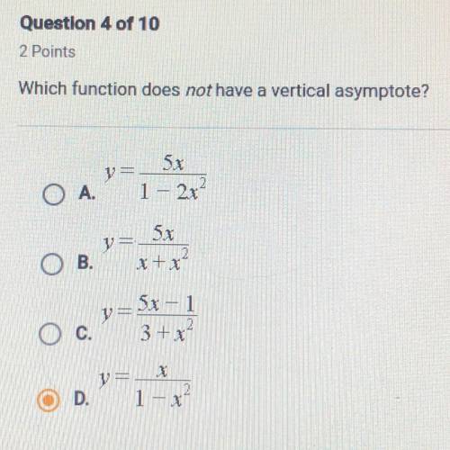 Which function does not have a vertical asymptote? HELP PLEASEEE ASAP