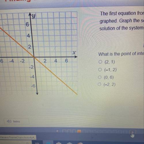 The first equation from the system of equations is graphed. Graph the second equation to find find t