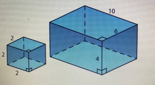 How many times larger is the rectangular prism than the cube ?  A. 6 B. 4 C. 30 D. 2