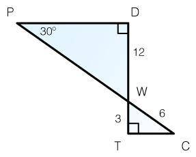 In the figure below, ΔPDW and ΔWTC are right triangles. The of ∠WPD is 30°, the measure of line WC i