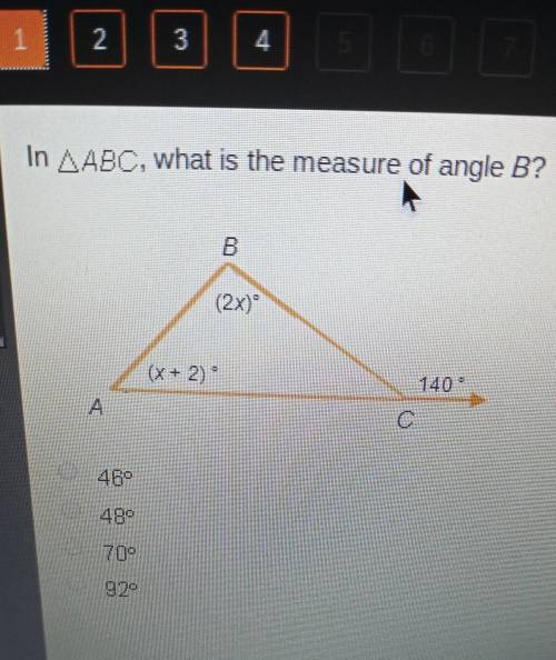 In ∆ ABC, what is the measure of angle B? A. 46°B. 48°C. 70°D. 92°