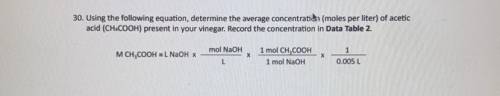 Using The following equation, determine the average concentration (mole per liter) of acetic acid (C