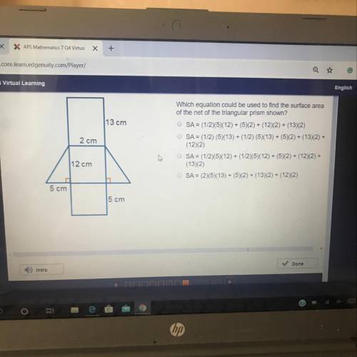 Which equation could be used to find the surface area of the net of the triangle prism shown