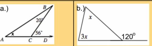 Calculate the missing angle measures in each figure