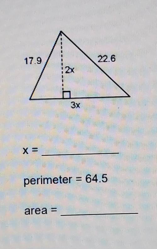 Find the x and the area of the shape perimeter is 64.5
