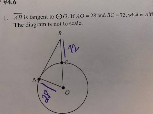 AB is tanget to 0. if AO = 28, and BC = 72, what is AB?
