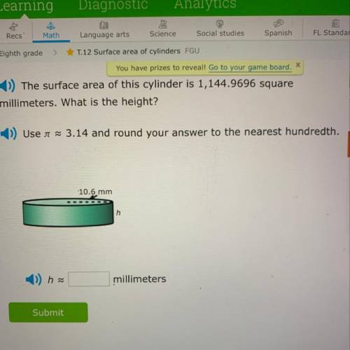The surface area of this cylinder is 1, 144. 9696 square millimeters. What is the height?