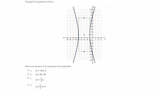 Which is an equation of an asymptote of the hyperbola? A) y=-3x+8 B) y=3X+10 C) y=-1/3x D) y=1/3x+2