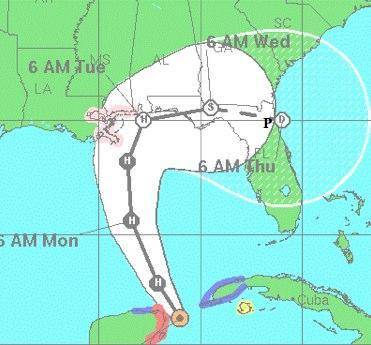 The image shows the cone forecast map of a hurricane. Location P is marked in the upper right part o