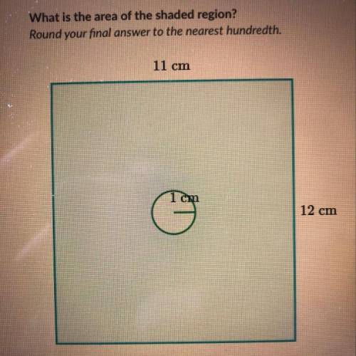 A circle with radius of 1 cm sits inside a 11 cm x 12 cm rectangle. What is the area of the shaded r