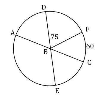 In circle B, m ∠DBF = 75o, mFC =60°, and DE and AC are diameters.