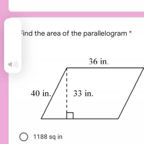 Find the area of the parallelogram * Captionless Image 1188 sq in 69 sq in 138 sq in 1440 sq in None