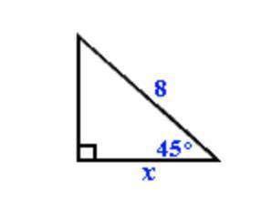 Solve for x and y in the given the 45° - 45° - 90° triangle shown above. When applicable, simplify a