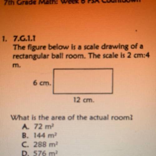 The figure below is a scale drawing of a rectangular ball room. The scale is 2 cm: m. 6 cm. 12 cm. W